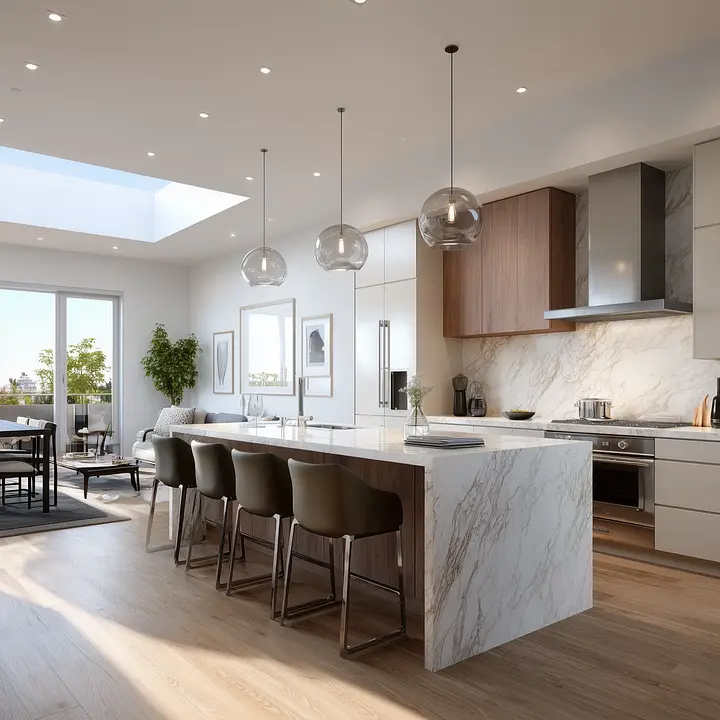 Marble waterfall kitchen island with a glossy glass-finished surface and pendant lighting, by Glass Squad